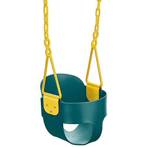 Deluxe High Back Full Bucket Toddler Swing with Exclusive Chain & Triangle Dip Pinch Protection and Carabiners for Easy Install – Green – Squirrel Products