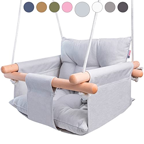 Canvas Baby Swing by Cateam – Gray – Wooden Hanging Swing Seat Chair for Baby with 5-Point Safety Belt and mounting Hardware. Baby Hammock Chair Birthday Gift.