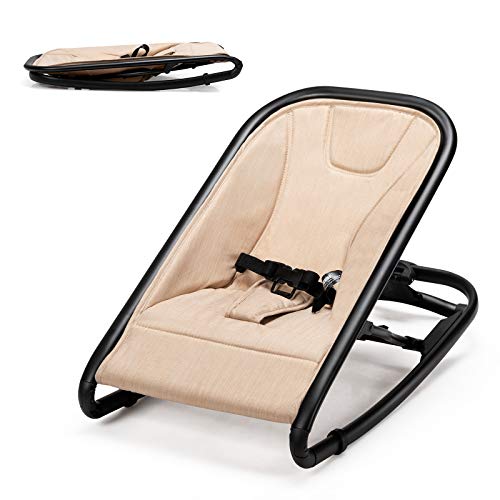 BABY JOY 2 in 1 Baby Bouncer, Portable Baby Rocker with 3-Point Harness, Folding Stationary Seat Infant Bouncer for Babies, Newborns (Beige)