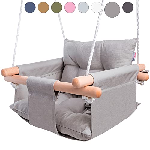 CaTeam – Canvas Baby Swing, Wooden Hanging Swing Seat Chair with Safety Belt, Durable Baby Hammock Chair, Outdoor and Indoor Swing for Kids, Mounting Hardware Included, Taupe Gray