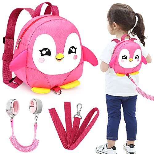 Accmor Toddler Harness Backpack Leash, Cute Penguin Kid Backpacks with Anti Lost Wrist Link, Mini Child Backpack Harness Leashes Walking Wristband Rope Travel Bag Harness Rein for Baby Girls (Pink)