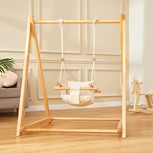 FUNLIO Wooden Toddler Swing Set with 4 Sandbags, Foldable Baby Swing Set with Durable Pine & Velcro, Kid Swing for Indoor/Outdoor/Backyard, Portable Swing for Toddlers 6 – 36 Months, Easy to Assemble