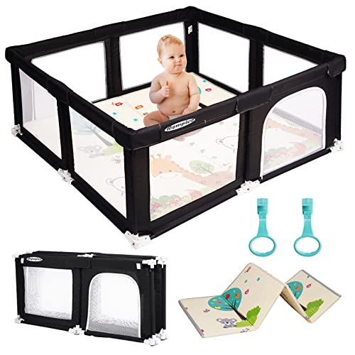 ROMPICO Foldable Baby Playpen with Mat, Foldable Large Baby Playpen for Toddler, Indoor & Outdoor Playard for Kids Activity Center, Sturdy Play Yard with Soft Breathable Mesh (Foldable 47”x47”, Black)