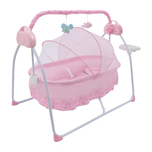 MARTEXBUY Baby Swing for Infants, Electric Baby Bassinet Baby Cradle Baby Rocker for Newborn, Bedside Bassinet for Baby with 5 Adjustable Speed, Foldable and Portable, for 0-18 Months (Pink)