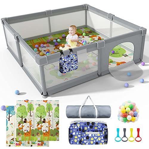 Baby Playpen, Play Pen with Mat, 79″ X 71″ LUTIKIANG Extra Large Playpen for Babies and Toddlers, Safety Baby Play Yard Activity Center, with Anti-Slip Suckers and Zipper Gate.