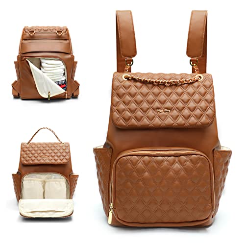 miss fong Diaper Bag Backpack Baby Diaper Bag for baby boy and girls, Leather Baby Bag with 13 diaper bag organizing pouches,Changing Pad,Stroller Straps and 4 Insulated Pockets(Brown)