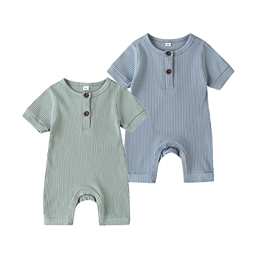 Baby Boy Girl 2 Pack Solid Romper Short/Long Sleeve One Piece Jumpsuits Clothes Sets (Light Green & Blue, 3-6 Months)