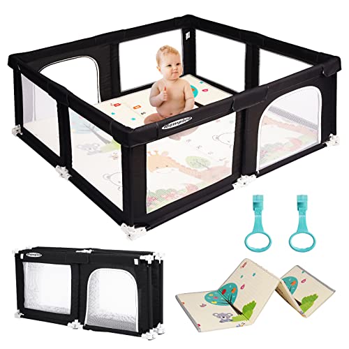 ROMPICO Foldable Baby Playpen with Mat, Foldable Large Baby Playpen for Toddler, Indoor & Outdoor Playard for Kids Activity Center, Sturdy Play Yard with Soft Breathable Mesh (Foldable 59”x59”, Black)