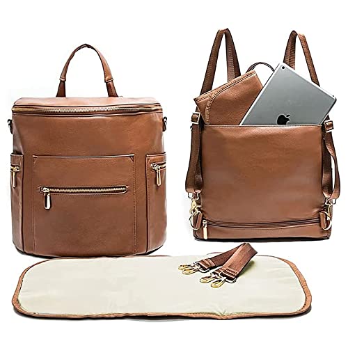 miss fong Diaper Bag Backpack Baby Diaper Bag, Large Leather Diaper Bag Backpack with 16 Pockets Diaper Bag Organizer,Changing Pad,Stroller Straps and 2 Insulated Pockets (Convertible,Brown)