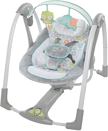 Ingenuity Swing ‘n Go 5-Speed Baby Swing – Foldable, Portable, 2 Plush Toys & Sounds, 0-9 Months 6-20 lbs (Hugs & Hoots)