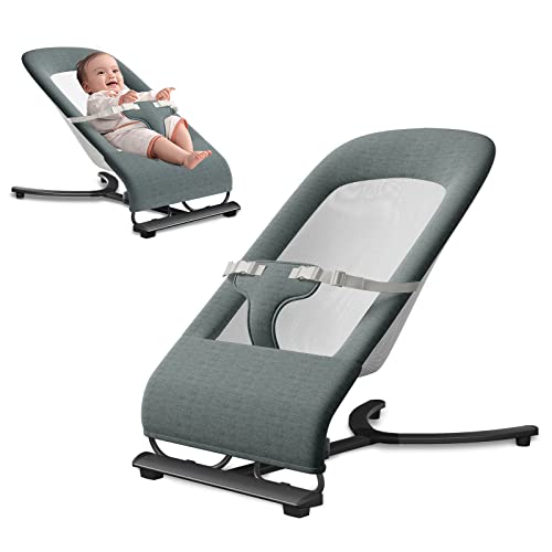 Baby Bouncer, Portable Bouncer Seat for Babies, Portable Baby Rocker with 3-Point Harness, Portable Rocker with Mesh Fabric and Babies Soothing Vibrations (Grey)