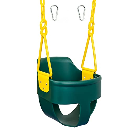 Premium High Back Full Bucket Toddler Swing Seat with Finger Grip, Plastic Coated Chains and Carabiners for Easy Install – Green – Squirrel Products