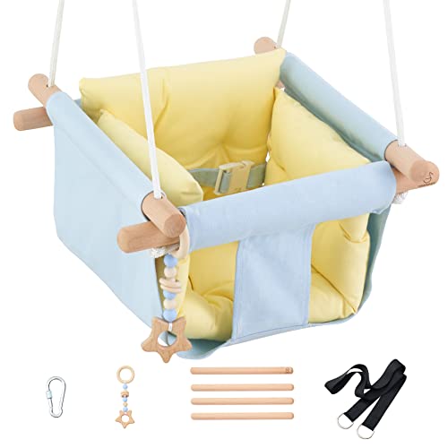 Troispot Comfortable Baby Swing Seat, Secure Canvas and Wooden Hanging Swing Chair for Baby, Infant, Toddler, Child, Kids Toys, Indoor Outdoor Hammock for Playground, Tree Swings or Backyard, B1