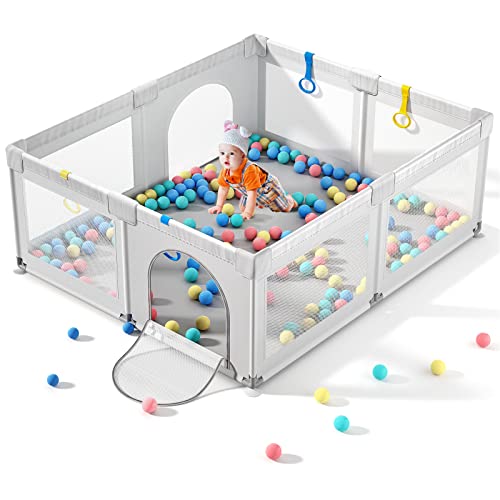 Baby Playpen,Playpens for Baby Anti-Fall Playpen, Large Playpen for Toddlers, Cherrysea Kids Safety Play Center Yard with Gate Sturdy Baby Fence Play Area with 4 Pull Rings and 30Pcs Ocean Ball