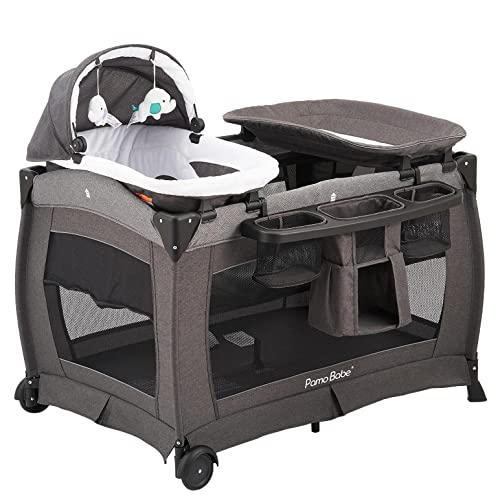 Pamo Babe Deluxe Nursery Center, Foldable Playard for Baby & Toddler, Bassinet, Mattress, Changing Table for Newborn(Black)