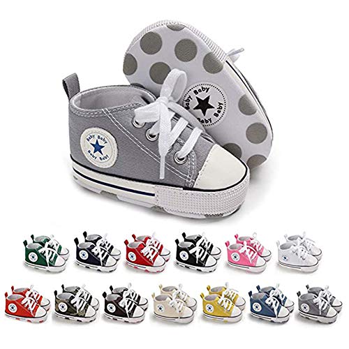 Baby Boys Girls Star High Top Sneaker Soft Anti-Slip Sole Newborn Infant First Walkers Canvas Denim Shoes (13cm, A-Grey, 12_Months)
