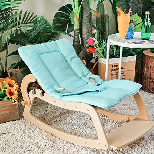 Baby Rocker, Baby Bouncer and Wooden Recliner for Toddler, Rocking Chair for Baby with Cushion Booster Seat Belt, 3-in-1 Convertible Todder Rocker Chair for Kids (Blue)