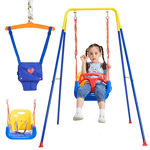 Gribouillage 3-in-1 Toddler Swing Set with Baby Jumper, Baby Swing with Bouncers, Foldable Metal Stand for Indoor/Outdoor Play, Easy to Assemble and Store at Home Garage