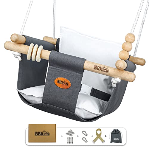 BBkids Indoor Baby Swing, Canvas Baby Swing, Wooden Hammock Hanging Swing Seat Chair with Safety Belt, Outdoor Kids Toddler Baby Tree Swing, Full Set of Ceiling Screws. (Grey)