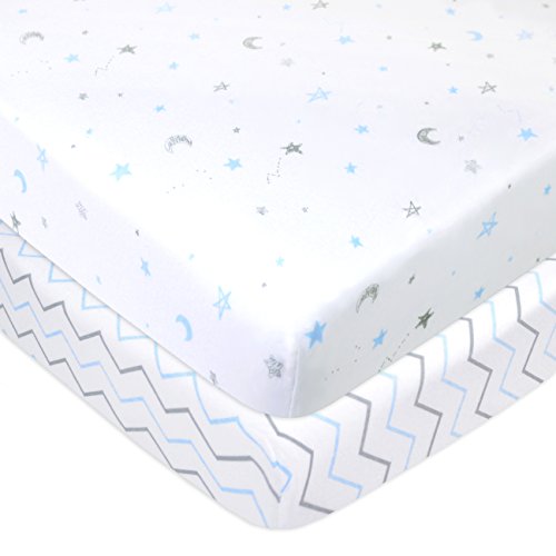 American Baby Company Printed 100% Natural Cotton Jersey Knit Fitted Pack N Play Playard Sheet, Soft Breathable, for Boys and Girls, Blue Stars/Zigzag – Pack of 2