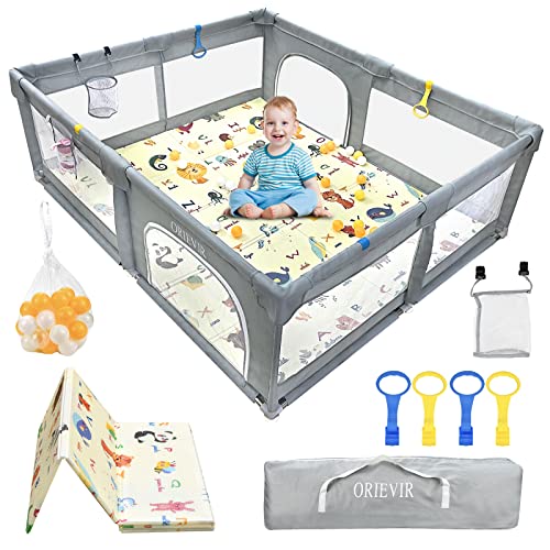 ORIEVIR Baby Playpen,71″ X 59″Baby Playpen for Toddler,Baby Playard 300D Cloth,Playpen for Babies with mat,Sturdy Safety Play Yard,Baby Activity Center,Babys Fence Play Area with 30 PCS Ocean Balls