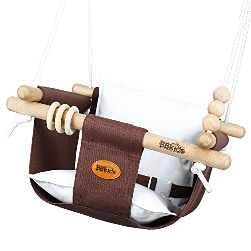 BBkids Indoor Baby Swing, Canvas Baby Swing, Wooden Hammock Hanging Swing Seat Chair with Safety Belt, Outdoor Kids Toddler Baby Tree Swing, Full Set of Ceiling Screws. (Dark Brown)