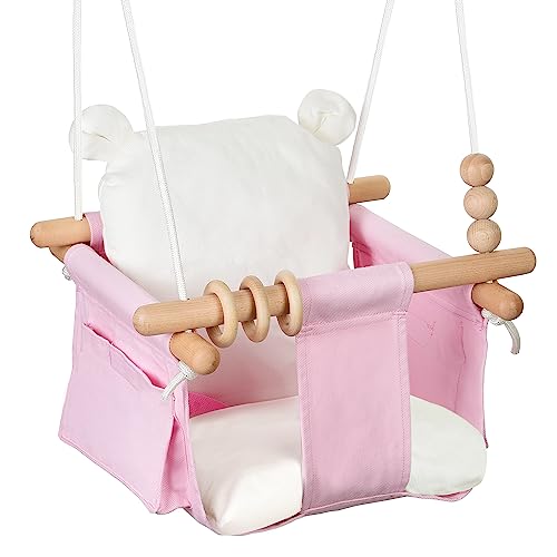 Indoor Baby Swing Wooden Baby Hanging Swing Chair Canvas Baby Swing Seat Chair with Safety Belt and 2 Side Pockets for Outdoor Play Toysand and Indoor Playground Sport