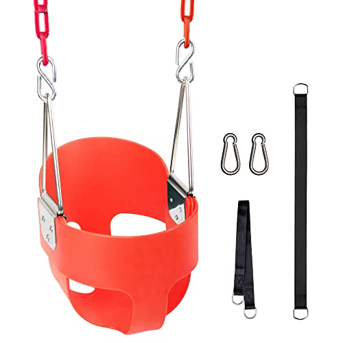 Toddler Swing, KINSPORY Baby Swing Outdoor, Heavy-Duty High Back Full Bucket Infant Swing Seat, 59″ Coated Chains with Tree Straps for Swing Sets Outdoor Backyard (Red)