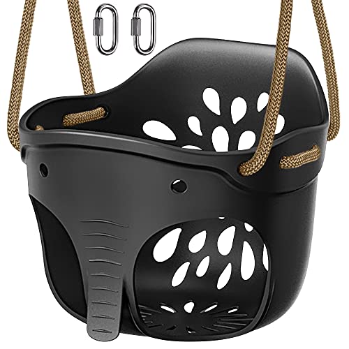 SELEWARE Heavy-Duty High Back Full Bucket Toddler Swing Seat with Locking Carabiners and Adjustable Rope, Cute Elephant Shape Design, 600LB Weight Limit (Bucket Swing, Black)