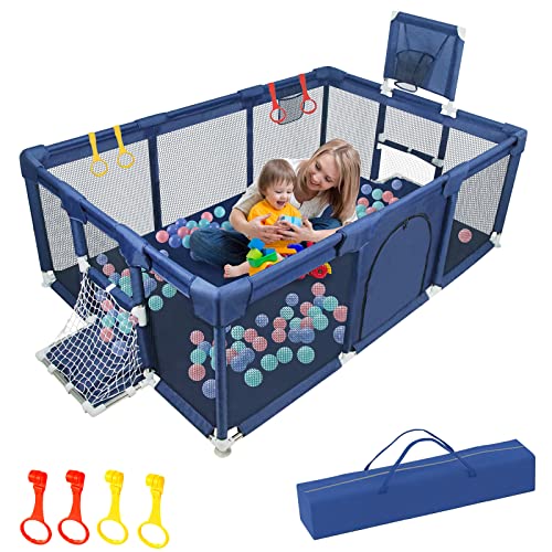 Baby Playpen, Baby Ball Pit with Gate, Safe No Gaps Kids Play Pen Activity Center Play Area w/Breathable Mesh, Non-Slip Suckers, Dark Blue(No Ocean Balls)