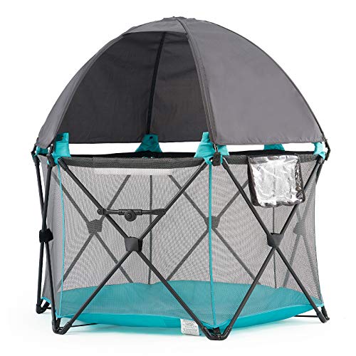 Pamo Babe 6-Panel Portable & Foldable Baby Playpen for Toddlers, Outdoor Travel Playard for Baby with Canopy (Blue)