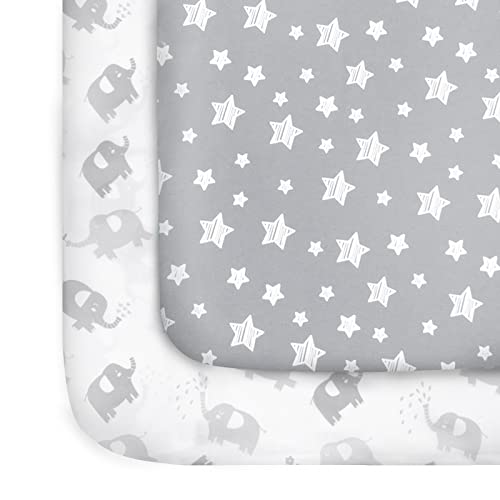 Mini Crib Sheets, 2 Pack Pack and Play Sheets, Stretchy Pack n Play Playard Fitted Sheet, Compatible with Graco Pack n Play, Soft and Breathable Material, Stars & Elephant