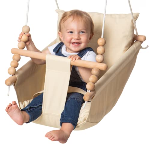 Outdoor and Indoor Baby Hammock Swing Seat by Frobel – Canvas Boho Hanging Baby Swing for Baby to Toddler 1 Year to 4 Years Old, Hanging Kit and Anchor Included, Safe and Secure, Beige