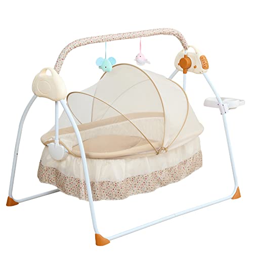 MARTEXBUY Baby Swing for Infants, Electric Baby Bassinet Baby Cradle Baby Rocker for Newborn, Bedside Bassinet for Baby with 5 Adjustable Speed, Foldable and Portable, for 0-18 Months (Khaki)