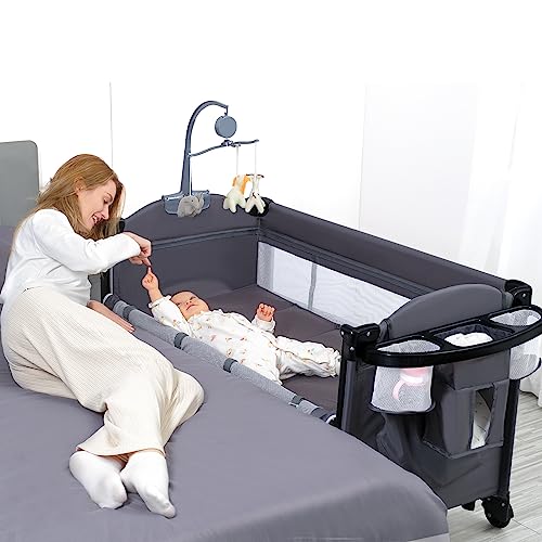 zebrater 5 in1 Baby Bassinet Bedside Crib,Pack and Play Bedside Sleeper with Waterproof Sheet & Mattress,Large Pack n Play with Diaper Changer，Folding Portable Playard from Newborn to Toddler