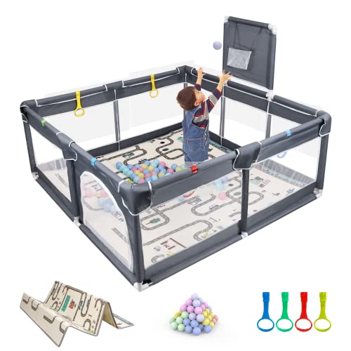 Baby Playpen with Basketball Large Playpen with Mat Playard for Babies Toddlers and Kids Play Pen Indoor & Outdoor Activity 63×63 Inches Extra Baby Play Pen with 100 PCS Ocean Balls