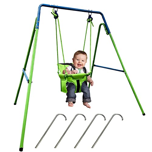 Hisecome Toddler Swing Set, Heavy Duty Swing for Baby with Safety Belt Seat & Folding Metal Stand, Infant Swing Set for Backyard Indoor Outdoor Play, Swing for Toddlers Age 12-36 Months