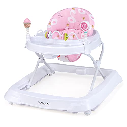 BABY JOY Baby Walker, Foldable Activity Walker Helper with Adjustable Height, Baby Activity Walker with High Back Padded Seat & Bear Toys (Pink, Swan Pattern)