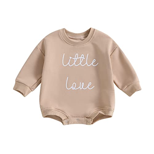 BOIBOKOKO Newborn Baby Boy Girl Clothes Little Babe/Love Letter Print Sweatshirt Romper One Piece Romper Fall Winter Outfit (Beige, 0-3 Months)