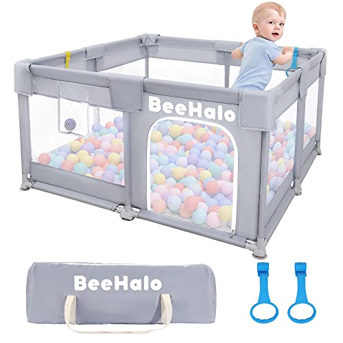 BeeHalo Baby Playpen Baby Playard, Playpen for Babies and Toddlers with Gate, Indoor & Outdoor Kids Activity Center with Anti-Slip Base, Sturdy Safety Play Yard with Soft Breathable Mesh(Gray,50”×50”)