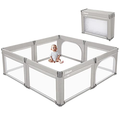 Albott Baby Playpen- Foldable Playpen for Babies and Toddlers 74×74 in Baby Play Yards, Portable Baby Fence(Large, Light Grey)