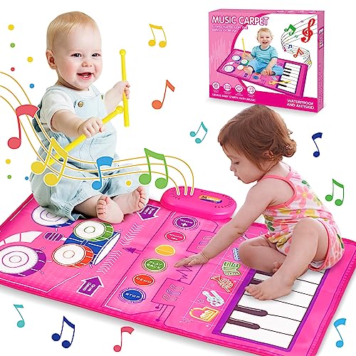 2 in 1 Musical Mat Baby Toys for 1 Year Old Boys Girls, Piano Keyboard & Drum Mat with 2 Drum Sticks Sensory Toys for Toddlers 1-3, Musical Baby Play Mat 1 2 3 Year Old Girl Birthday Gift