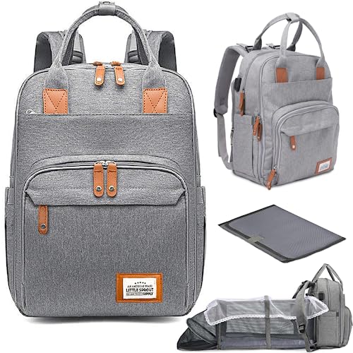 Little Sprout Supply DIAPER DASH | Travel Ready Diaper Bag & Full-Cover Changing Station | 16-Pocket Waterproof Baby Backpack (Lucy Light Gray)