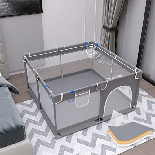 Baby Playpen 50″ X 50“ X 26.8“ Baby Playpen with Mat, Playpen for Babies and Toddlers with Gate, Sturdy Safety Play Yard with Soft Breathable Mesh, Indoor & Outdoor Playard for Kids Activity Center