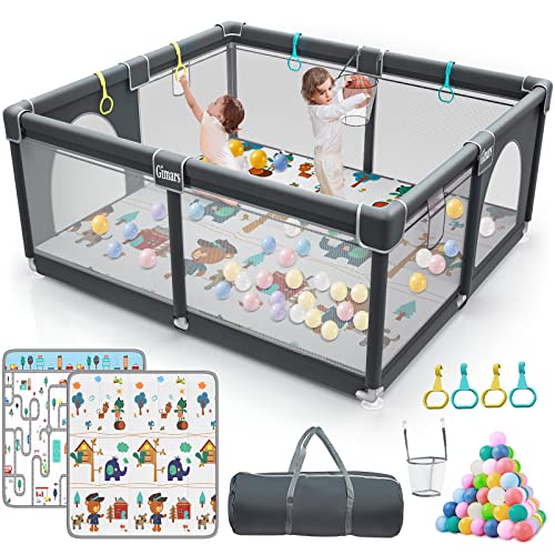 Gimars Upgraded 320D Washable Baby Playpen with Padding Mat, 6in1 Bump-proof Playpen for Toddlers, Sturdy & Safe Playpen with Padded Cotton Top Rod for Protecting Baby, Baby Play Yard with Zipper Gate