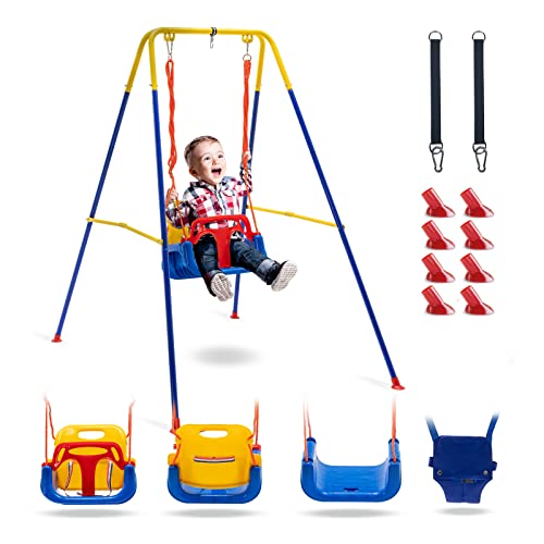 4-in-1 Swing Set and Baby Jumper, Toddler Swing with Foldable Metal Stand and Safety Belt, Baby Swings & Baby Bouncers Outdoor/Indoor for Infants to Toddler, Indoor Swing for Kids 6 Month+