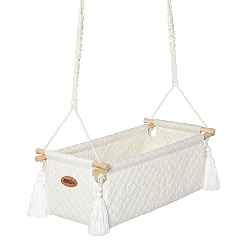 BBkids Hanging Cradle for Baby, Baby Hammock Crib, Crib Hammock for Newborn, Baby Cradle Swing with 100% Organic Muslin Blanket and Mattress Cover, Baby Hammock Cradle for 0 to 5 Months (Cream)