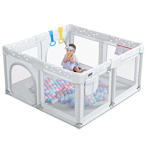 ANGELBLISS Baby Playpen, Large Baby Playard, Play Pens for Babies and Toddlers with Gate, Indoor & Outdoor Play Area for Infants, Kids Safety Play Yard with Star Print (Grey, 50″×50″)