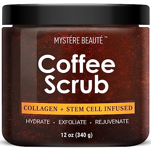 MYSTÉRE BEAUTÉ Arabica Coffee Body Scrub – Exfoliating Body Scrub for Natural Skin Care with Coconut Oil & Vitamin E- Reduces the Appearances of Cellulite, Stretch Marks & Eczema, Moisturizing – 12 oz