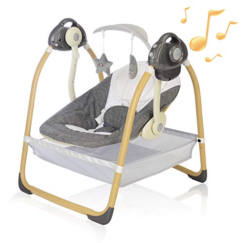 Baby Swings for Infants, Portable Swing for Baby with 6 Motions, Compact Baby Swing with Music, Sounds, Timing, Baby Rocker with 2 Toys, Plsuh Seat & Soft Head Support, Machine Washable Fabric (Grey)